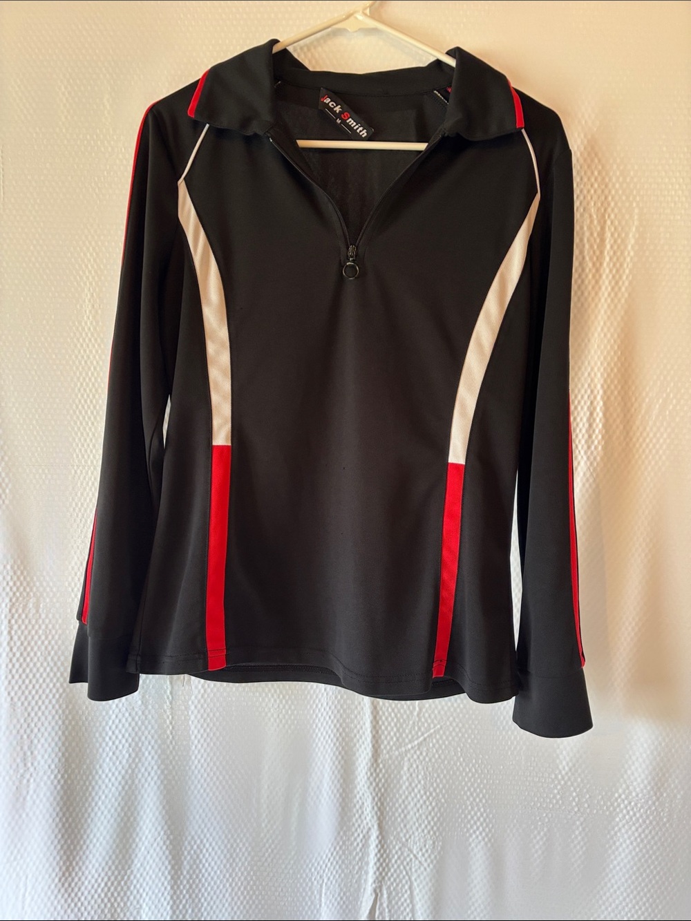 Women's Black Performance Zip-Front Long Sleeve Top with Red & White Accents